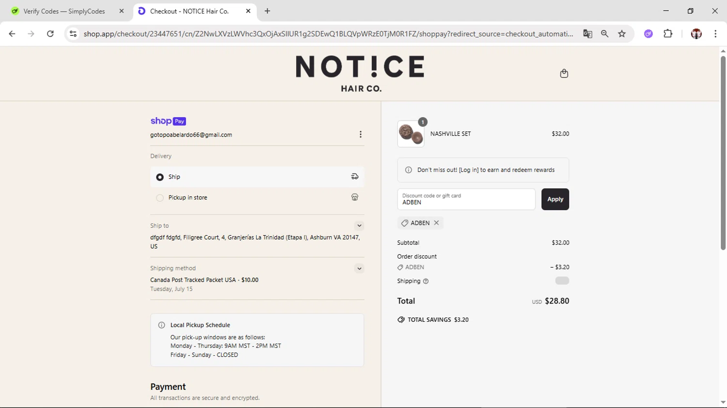 NOTICE Hair Co. promo code screenshot showing code ADBEN applied at NOTICE Hair Co. checkout page. Uploaded by SimplyCodes community member Salometta on Jun 28, 2025