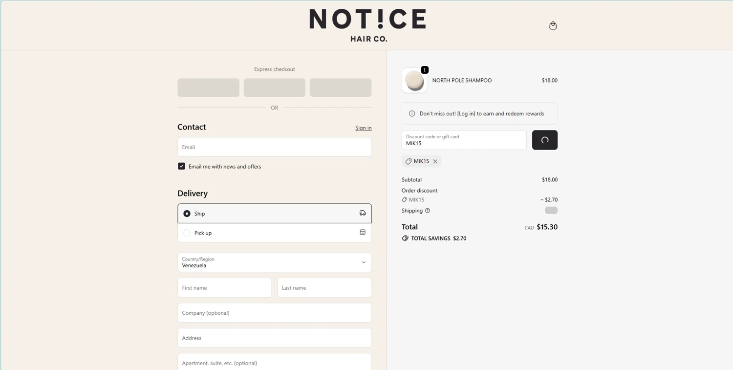 NOTICE Hair Co. promo code screenshot showing code MIK15 applied at NOTICE Hair Co. checkout page. Uploaded by SimplyCodes community member STEVE20 on Nov 15, 2025