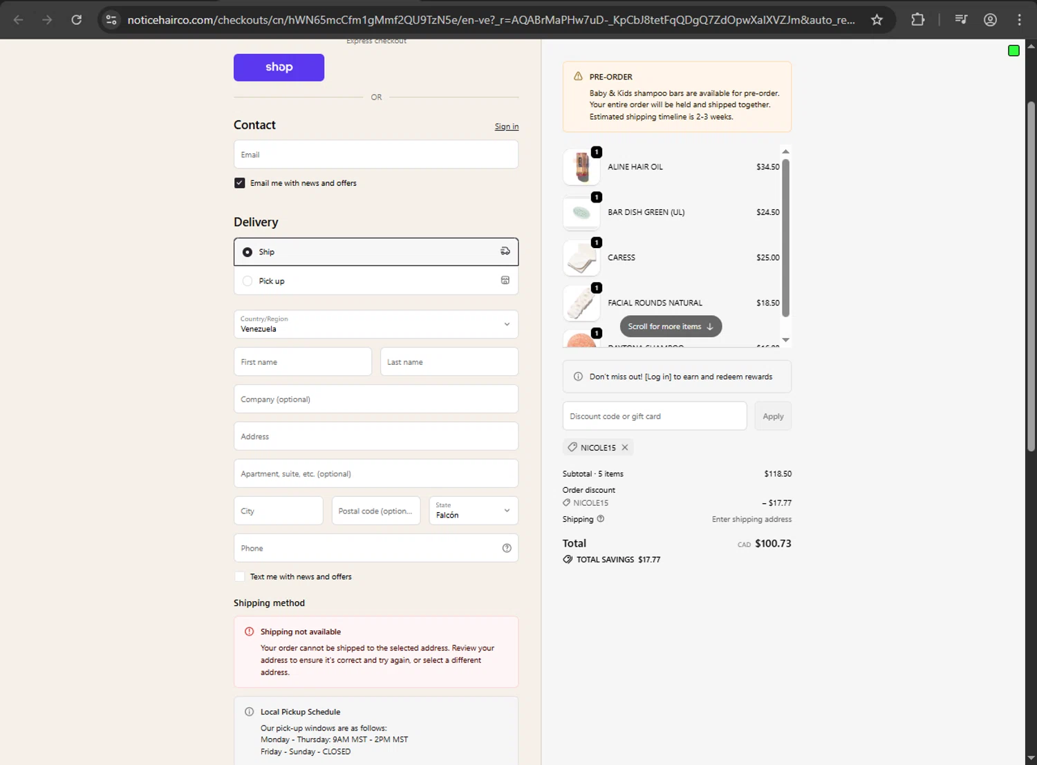 NOTICE Hair Co. promo code screenshot showing code NICOLE15 applied at NOTICE Hair Co. checkout page. Uploaded by SimplyCodes community member anthonyramirez1 on Dec 5, 2025