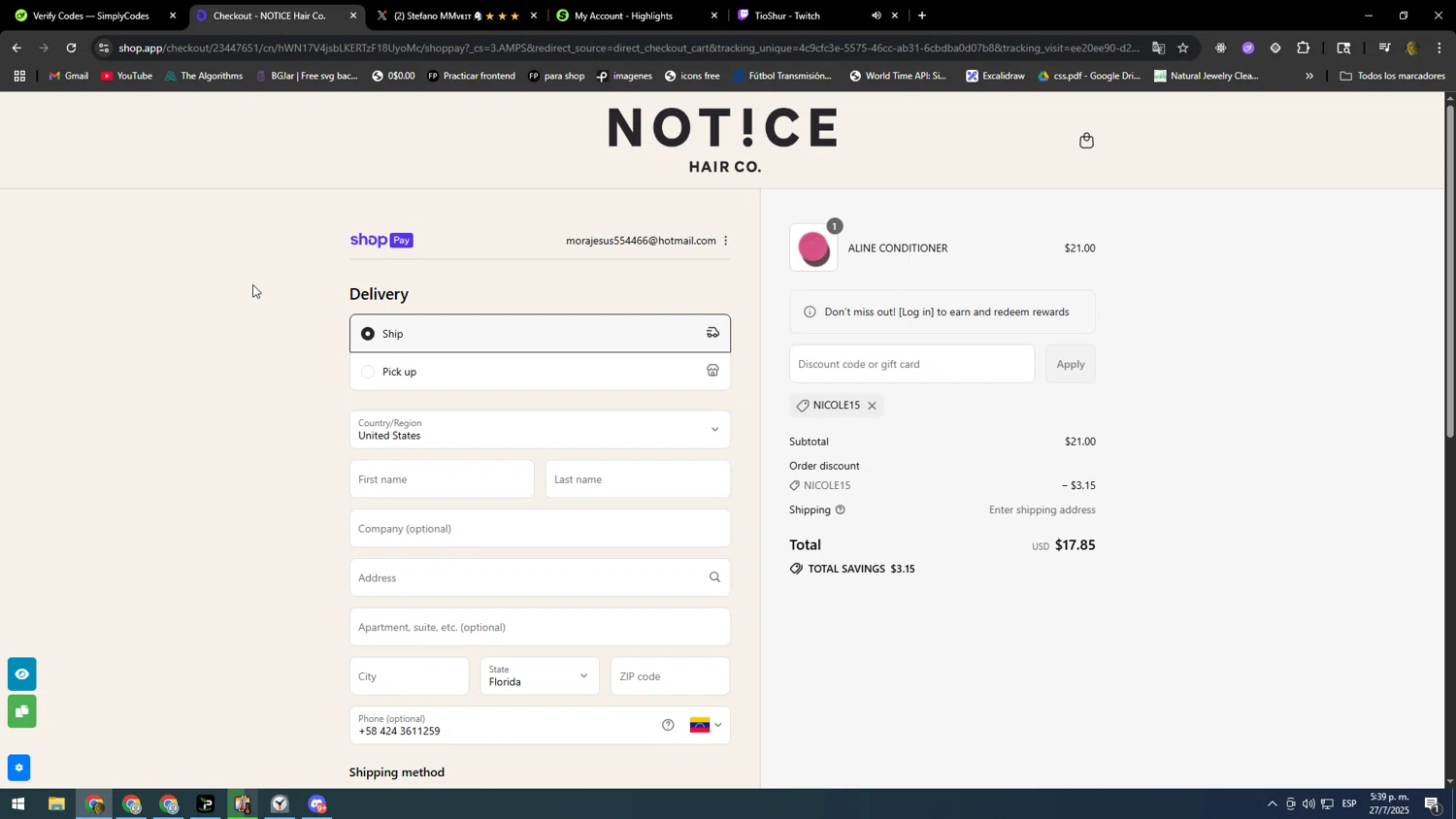 NOTICE Hair Co. promo code screenshot showing code NICOLE15 applied at NOTICE Hair Co. checkout page. Uploaded by SimplyCodes community member SOOOOOOOOOOOOOOOOOOOOOOO on Jul 27, 2025