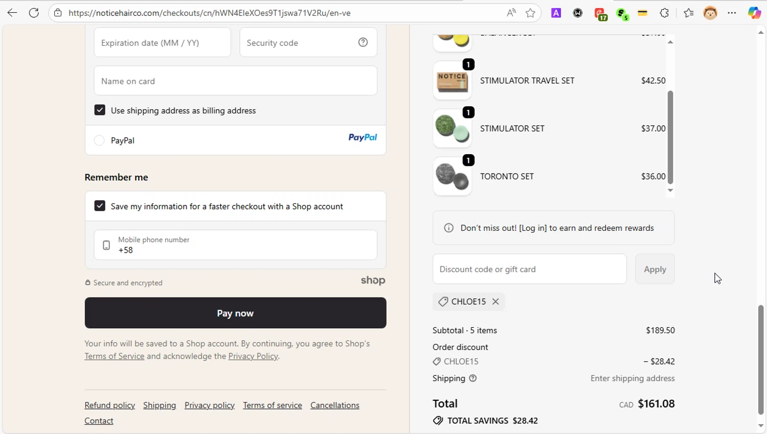 NOTICE Hair Co. promo code screenshot showing code CHLOE15 applied at NOTICE Hair Co. checkout page. Uploaded by SimplyCodes community member LOVECOUPON on Oct 17, 2025