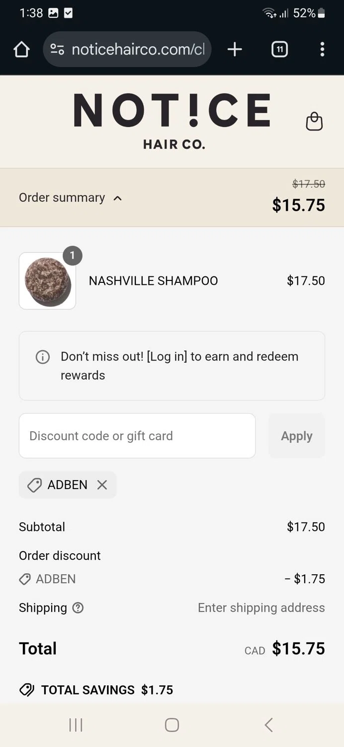NOTICE Hair Co. promo code screenshot showing code ADBEN applied at NOTICE Hair Co. checkout page. Uploaded by SimplyCodes community member Gv135468293745512 on Jun 28, 2025