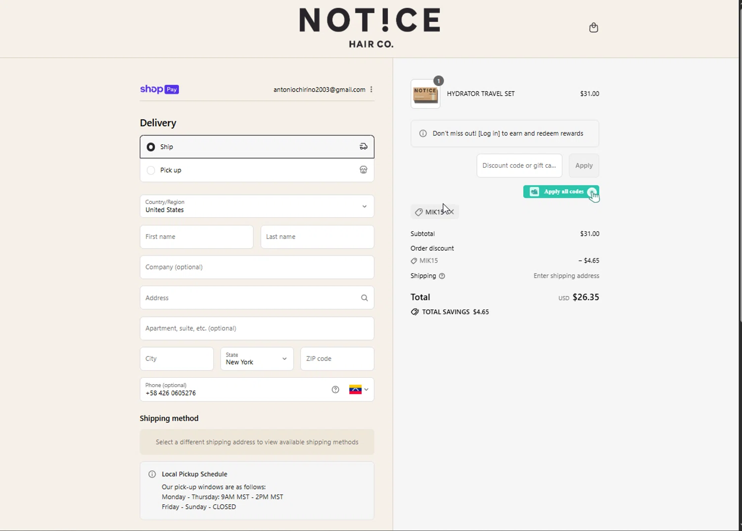 NOTICE Hair Co. promo code screenshot showing code NICOLE15 applied at NOTICE Hair Co. checkout page. Uploaded by SimplyCodes community member Hei201 on Jul 27, 2025