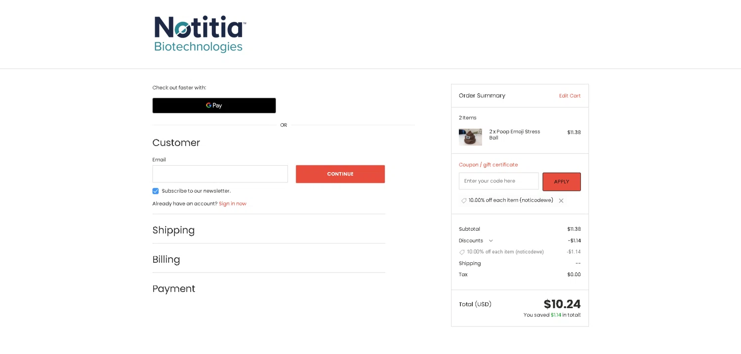 Notitia Biotechnologies promo code screenshot showing code noticodewe applied at Notitia Biotechnologies checkout page. Uploaded by SimplyCodes community member VictoriousFinder4393 on Jan 30, 2026