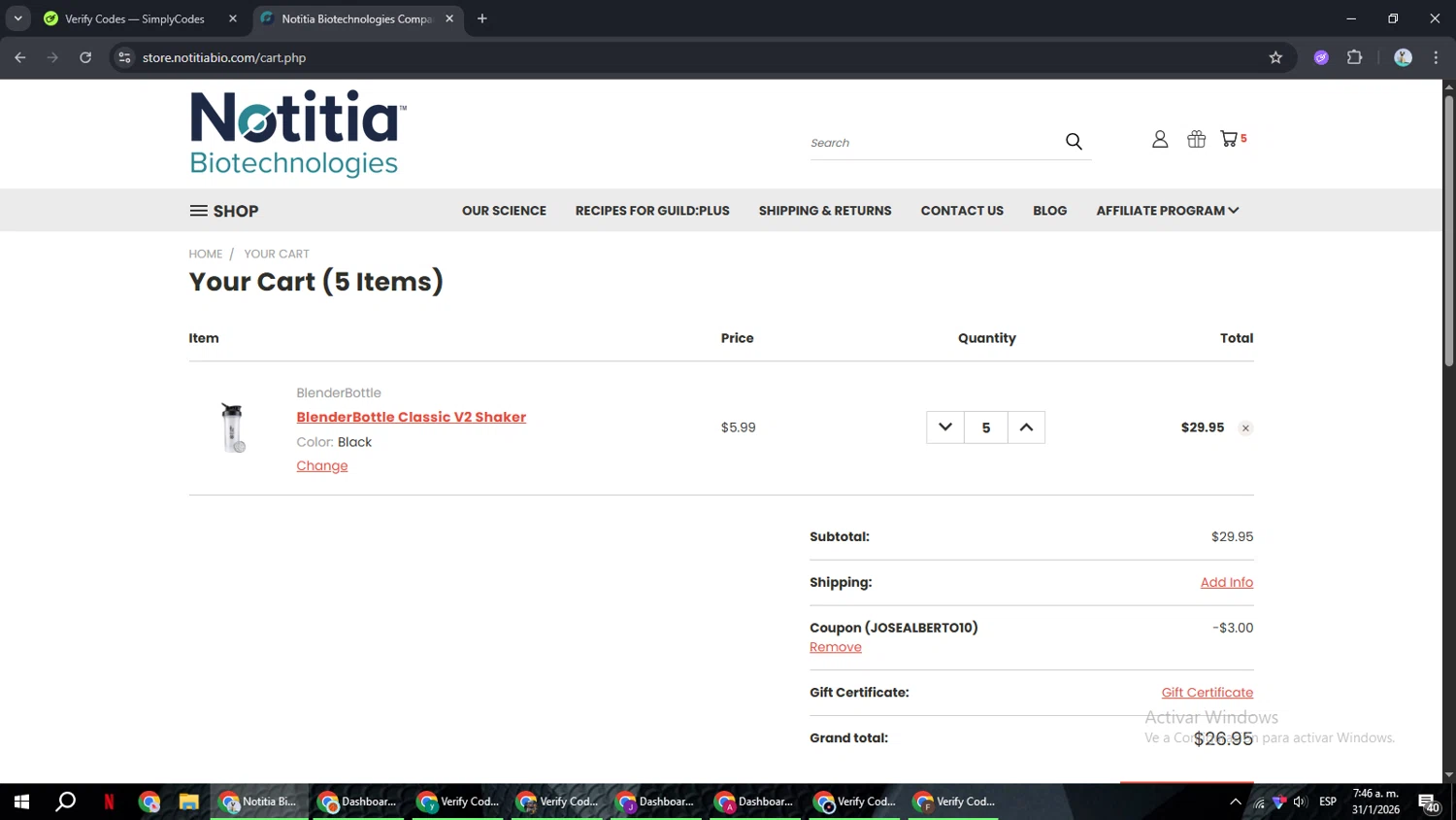 Notitia Biotechnologies promo code screenshot showing code JOSEALBERTO10 applied at Notitia Biotechnologies checkout page. Uploaded by SimplyCodes community member ShrewdSeeker6165 on Jan 31, 2026