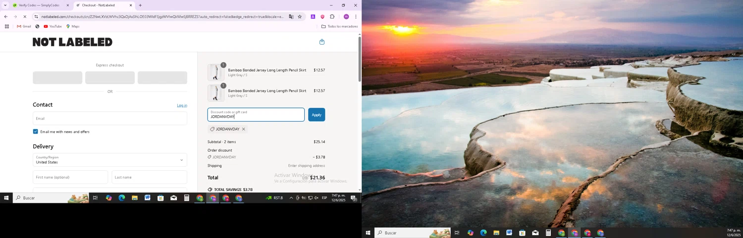 NOT LABELED promo code screenshot showing code JORDANVDAY applied at NOT LABELED checkout page. Uploaded by SimplyCodes community member BudgetMonarch8952 on Jun 12, 2025