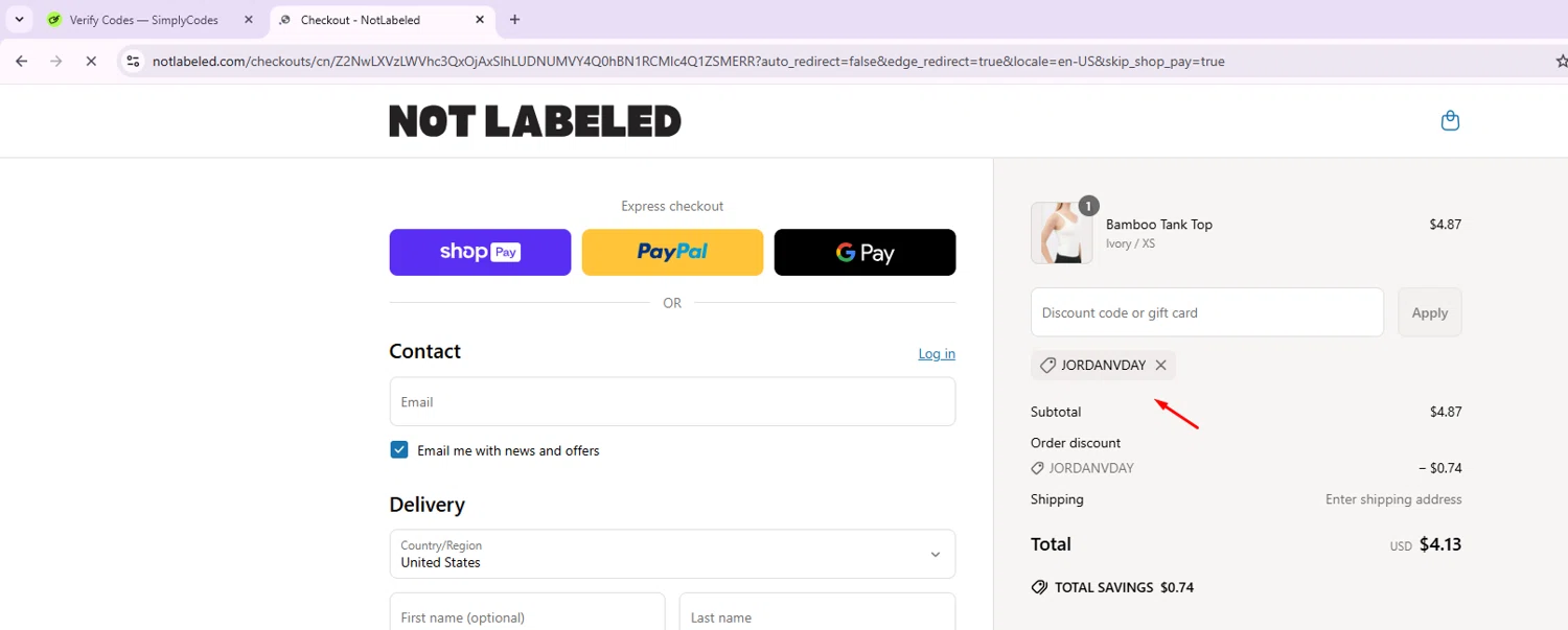 NOT LABELED promo code screenshot showing code JORDANVDAY applied at NOT LABELED checkout page. Uploaded by SimplyCodes community member EnmanuelEDITOR on Jun 13, 2025