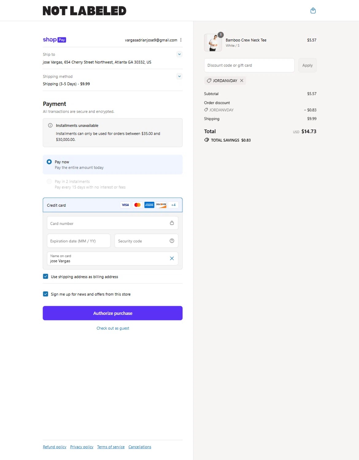 NOT LABELED promo code screenshot showing code JORDANVDAY applied at NOT LABELED checkout page. Uploaded by SimplyCodes community member Rossimar on Aug 1, 2025