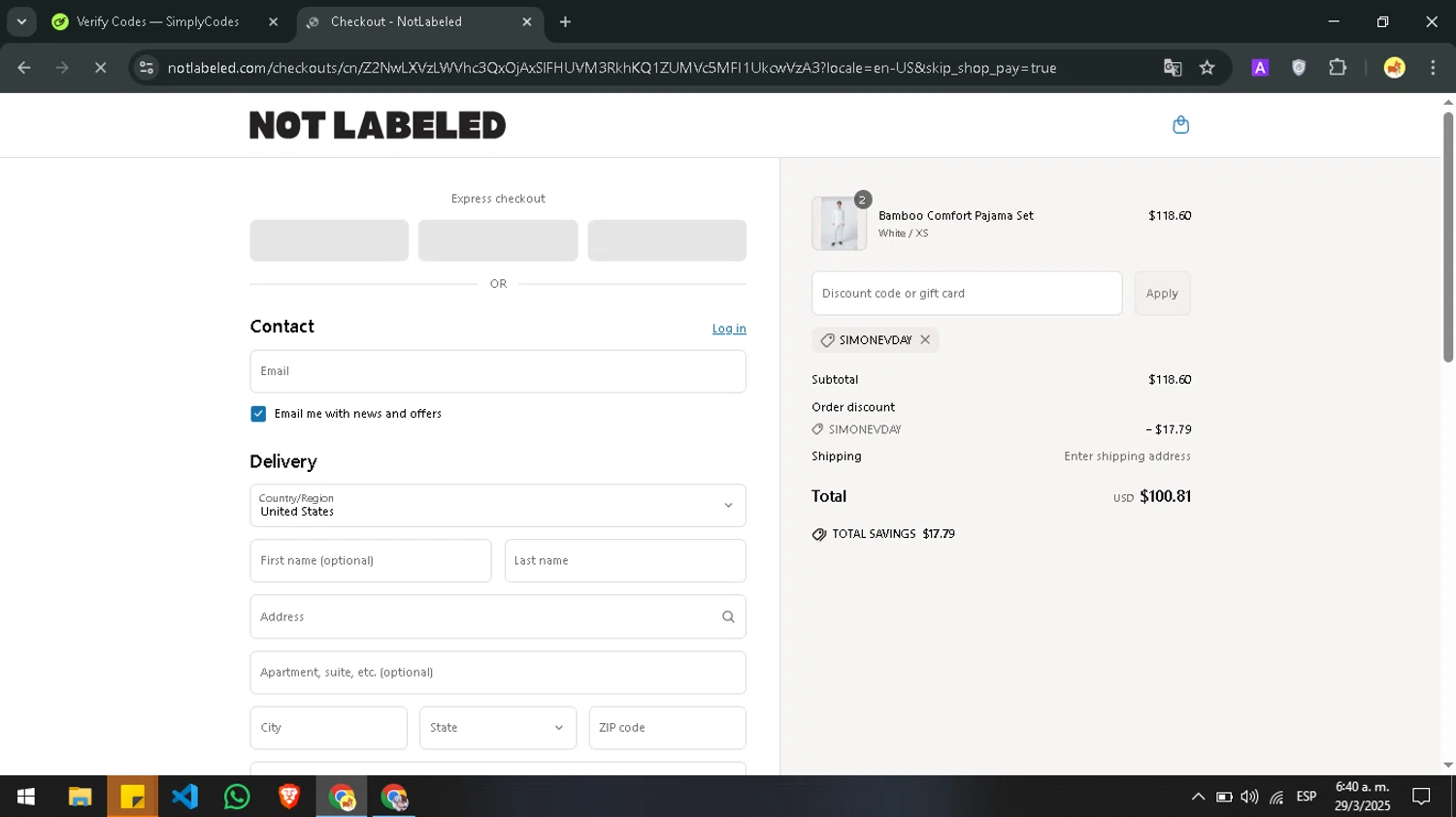 NOT LABELED promo code screenshot showing code SIMONEVDAY applied at NOT LABELED checkout page. Uploaded by SimplyCodes community member Moisesdk0 on Mar 29, 2025