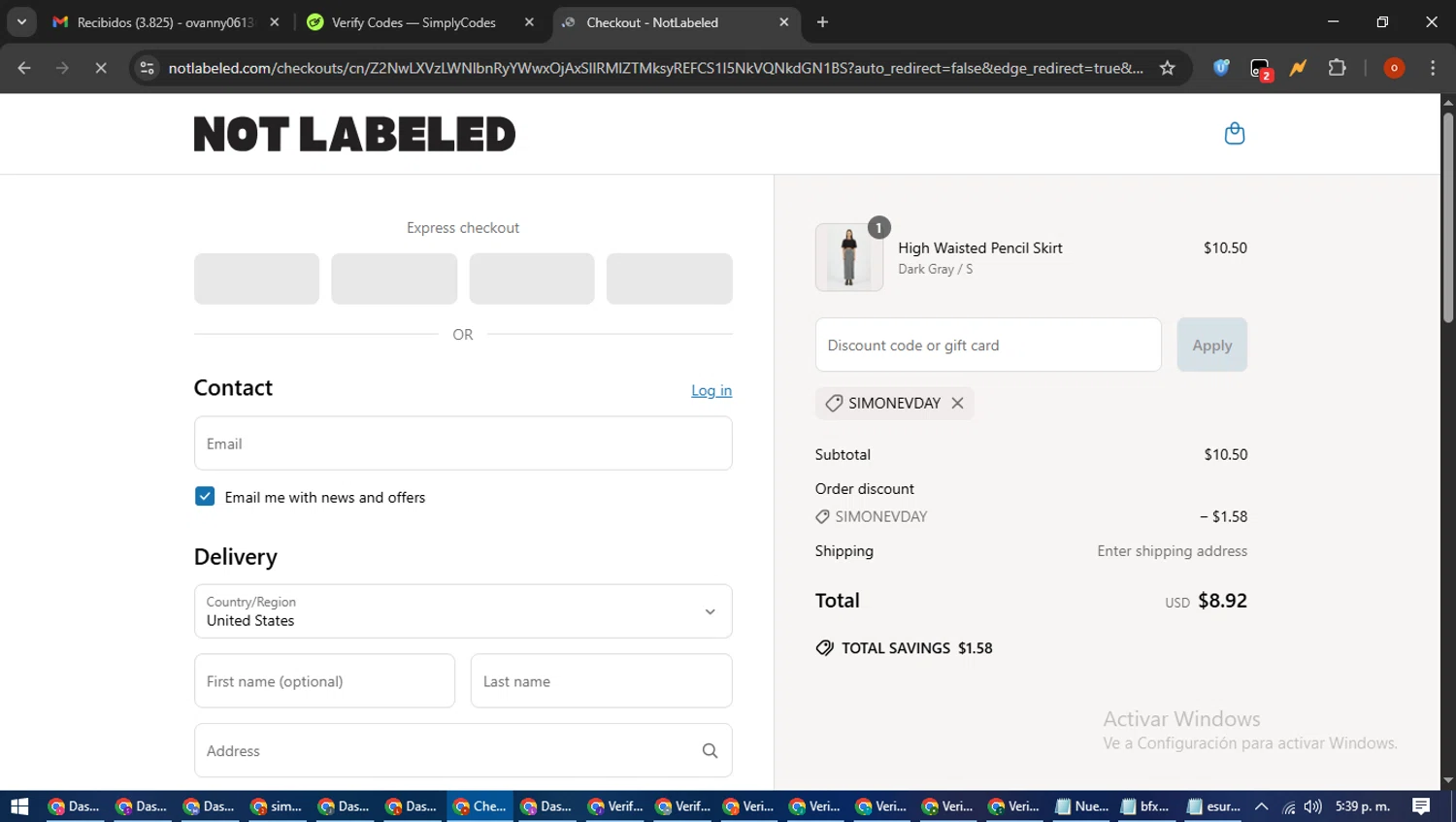 NOT LABELED promo code screenshot showing code SIMONEVDAY applied at NOT LABELED checkout page. Uploaded by SimplyCodes community member WiseTracker2171 on Jun 26, 2025