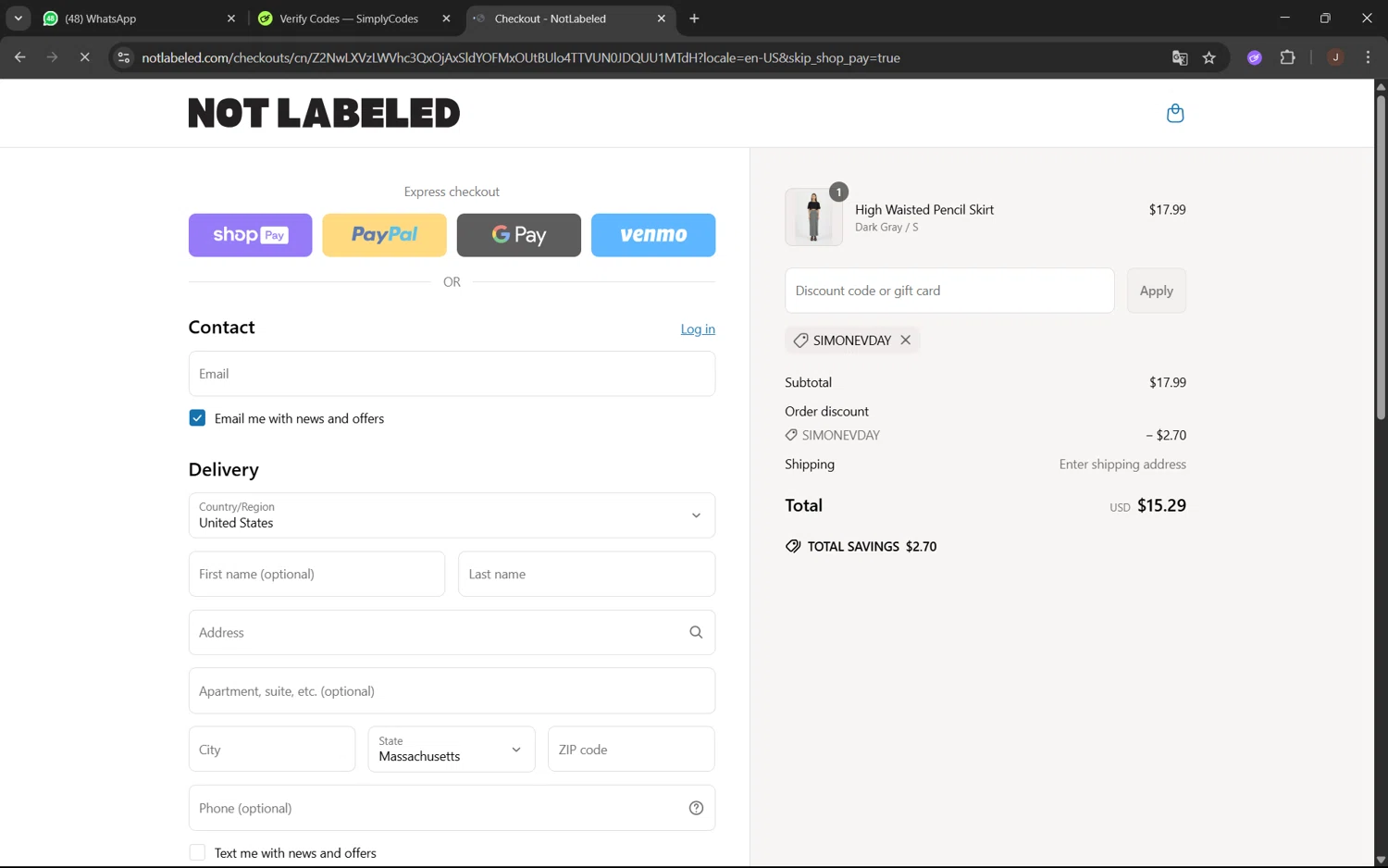 NOT LABELED promo code screenshot showing code SIMONEVDAY applied at NOT LABELED checkout page. Uploaded by SimplyCodes community member juanx1702 on Jun 4, 2025