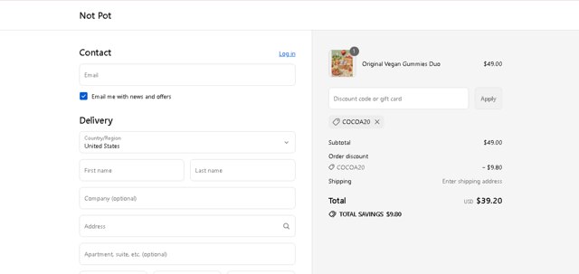 Not Pot checkout page showing Not Pot promo code box | Screenshot taken by SimplyCodes community member on Aug 21, 2025
