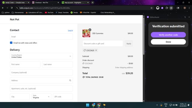 Not Pot checkout page showing Not Pot promo code box | Screenshot taken by SimplyCodes community member on Aug 21, 2025