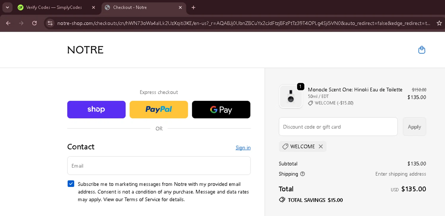 Notre checkout page showing Notre promo code box | Screenshot taken by SimplyCodes community member on Dec 31, 2025