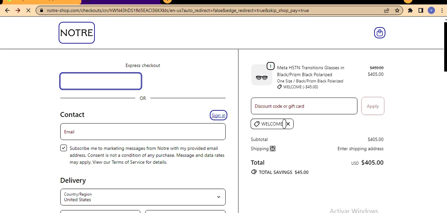 Notre promo code screenshot showing code WELCOME applied at Notre checkout page. Uploaded by SimplyCodes community member beatrizcastillo on Oct 13, 2025