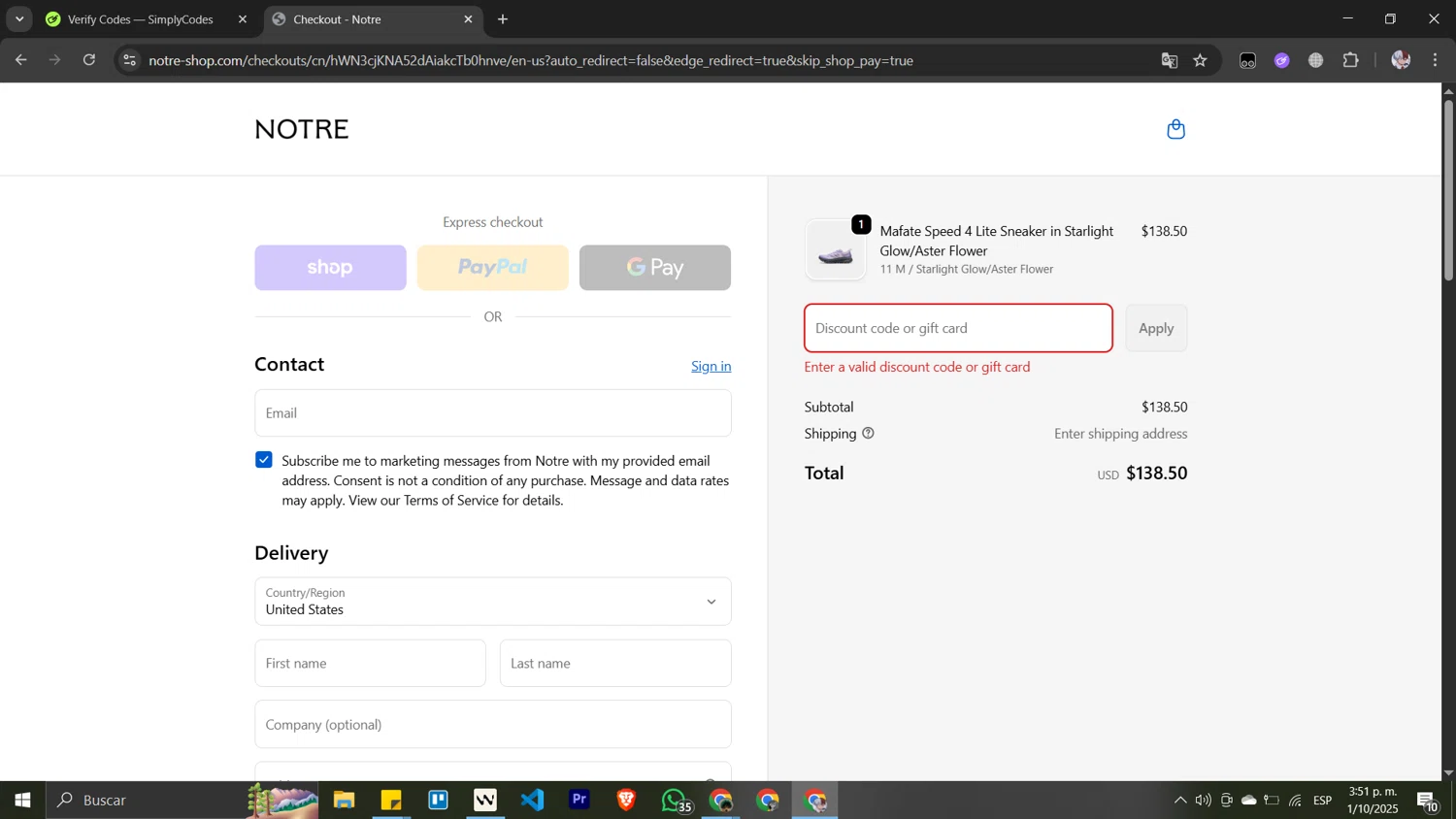 Notre promo code screenshot showing code GYW10 applied at Notre checkout page. Uploaded by SimplyCodes community member Pansito on Oct 1, 2025
