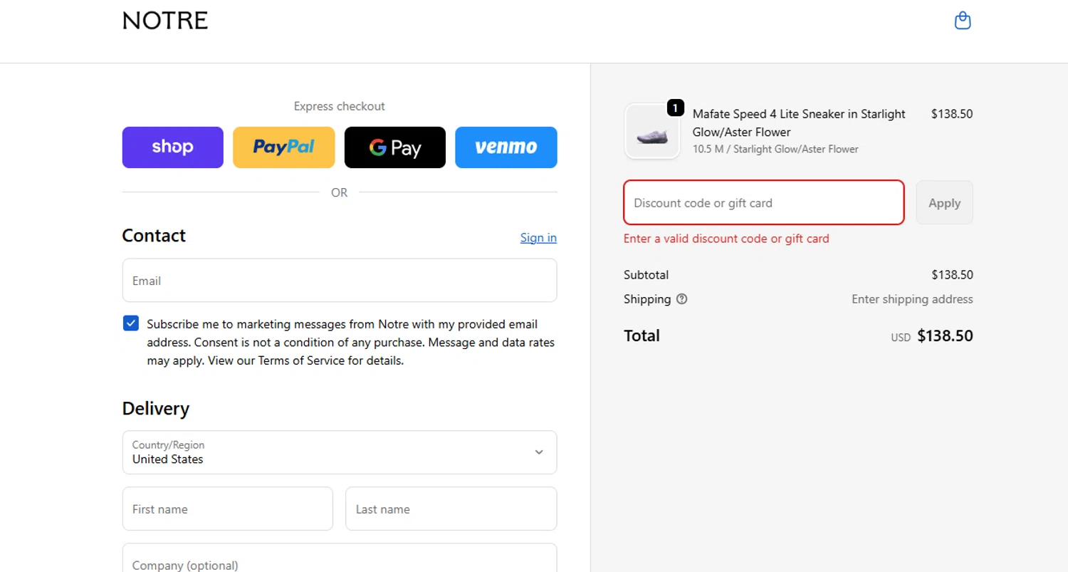Notre promo code screenshot showing code GYW10 applied at Notre checkout page. Uploaded by SimplyCodes community member SavvyLegend1586 on Oct 1, 2025