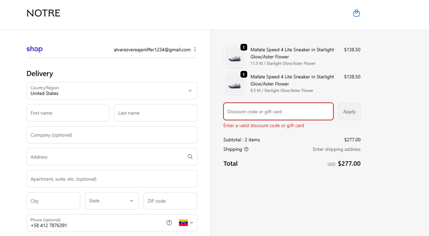 Notre promo code screenshot showing code GYW10 applied at Notre checkout page. Uploaded by SimplyCodes community member jenifferalvarez on Oct 1, 2025