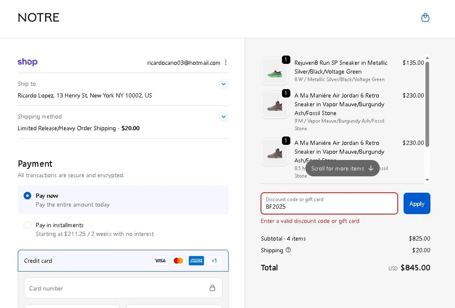 Notre promo code screenshot showing code BF2025 applied at Notre checkout page. Uploaded by SimplyCodes community member LAMINEJAMAL on Dec 8, 2025