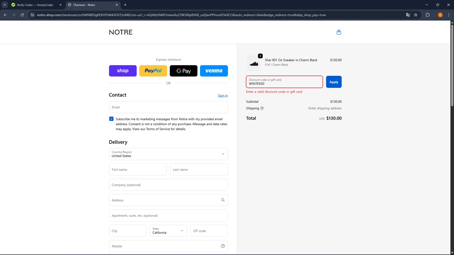 Notre promo code screenshot showing code WINTER30 applied at Notre checkout page. Uploaded by SimplyCodes community member FrugalFalcon351 on Jan 25, 2026
