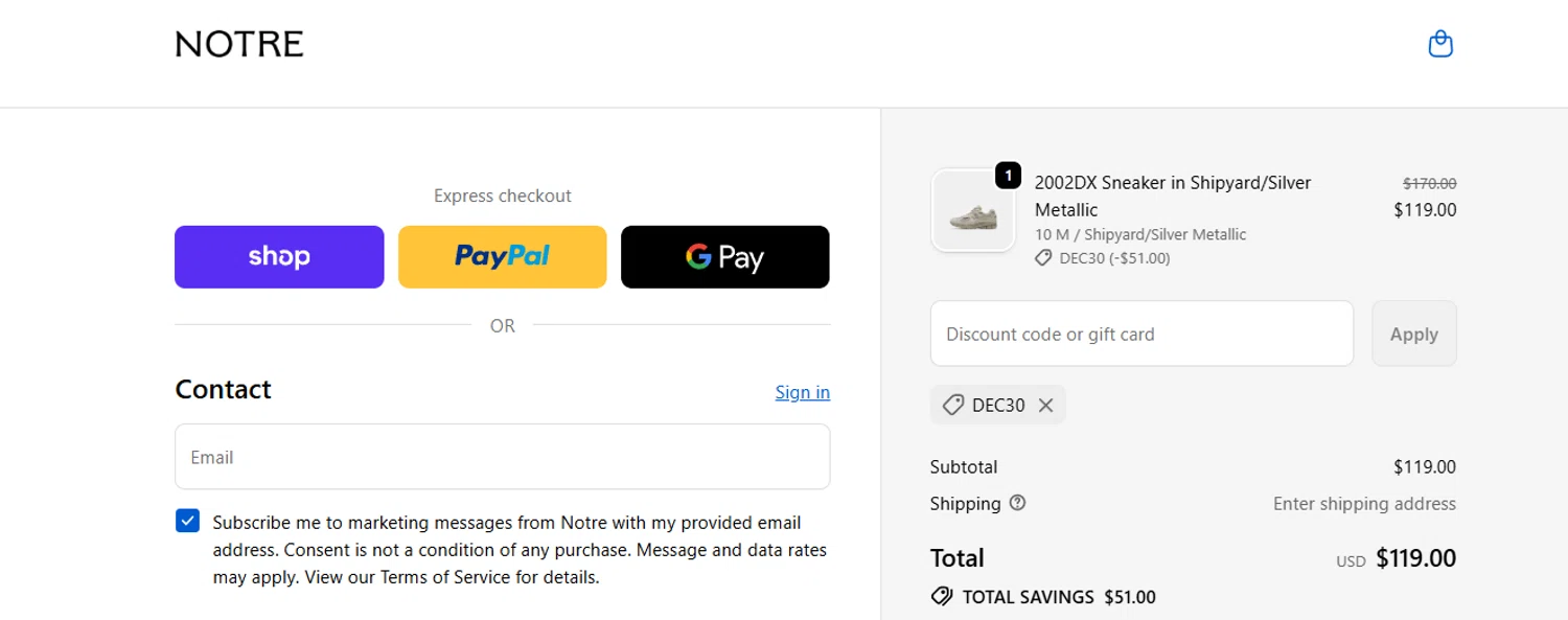Notre promo code screenshot showing code DEC30 applied at Notre checkout page. Uploaded by SimplyCodes community member jesspea on Dec 30, 2025