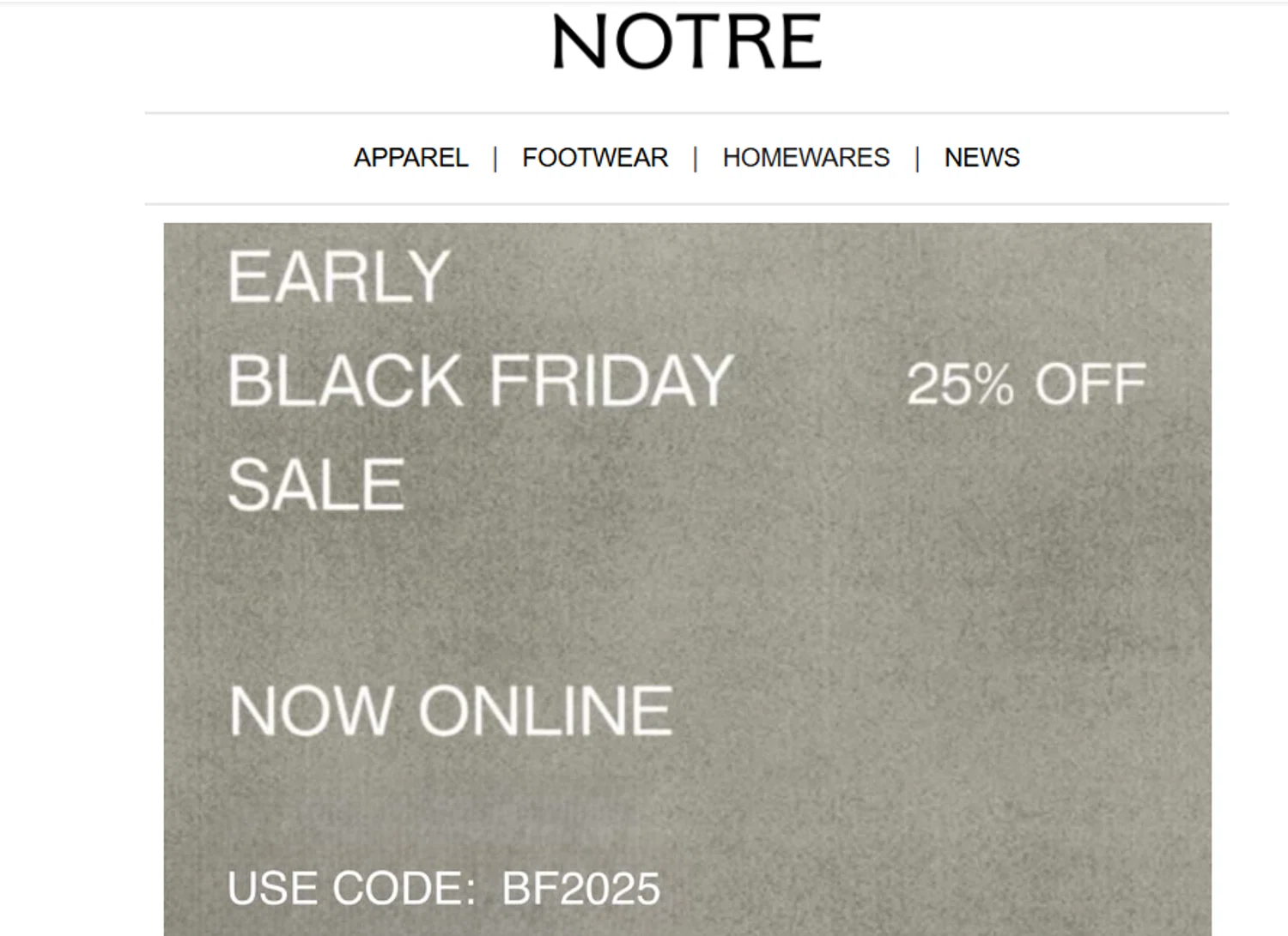 Notre promo code screenshot showing code BF2025 applied at Notre checkout page. Uploaded by SimplyCodes community member jesspea on Nov 27, 2025