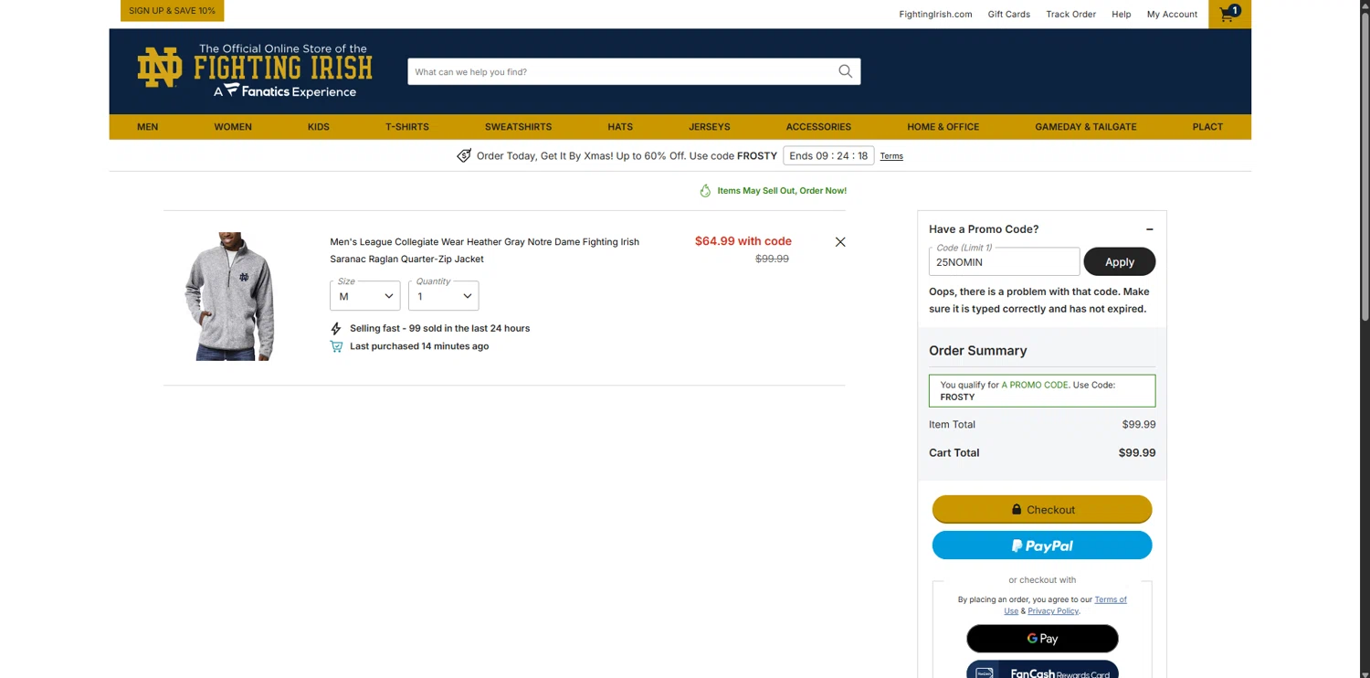 Notre Dame Online Store promo code screenshot showing code 25NOMIN applied at Notre Dame Online Store checkout page. Uploaded by SimplyCodes community member Carlosramirez09 on Dec 7, 2025