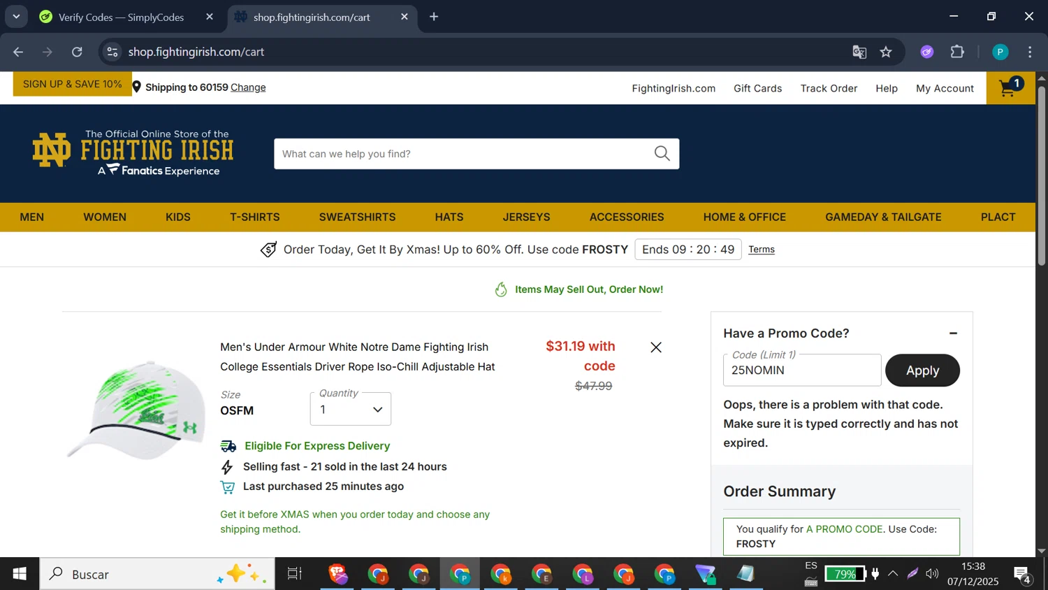 Notre Dame Online Store promo code screenshot showing code 25NOMIN applied at Notre Dame Online Store checkout page. Uploaded by SimplyCodes community member doriangel3 on Dec 7, 2025