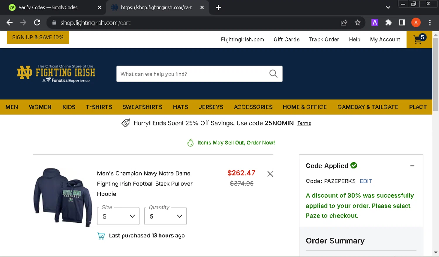 Notre Dame Online Store checkout page showing Notre Dame Online Store promo code box | Screenshot taken by SimplyCodes community member on Jan 6, 2026