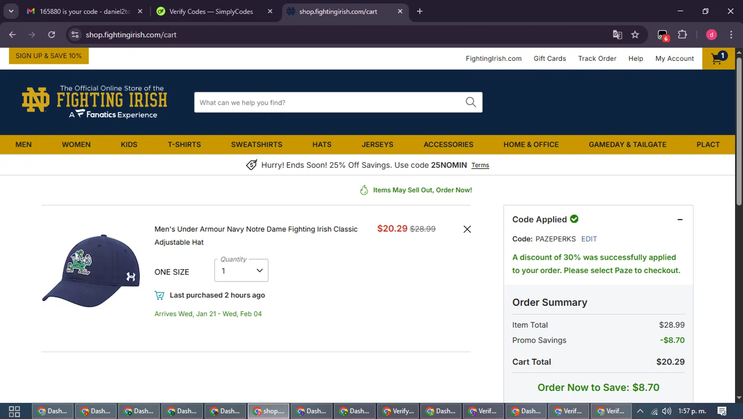 Notre Dame Online Store checkout page showing Notre Dame Online Store promo code box | Screenshot taken by SimplyCodes community member on Jan 6, 2026
