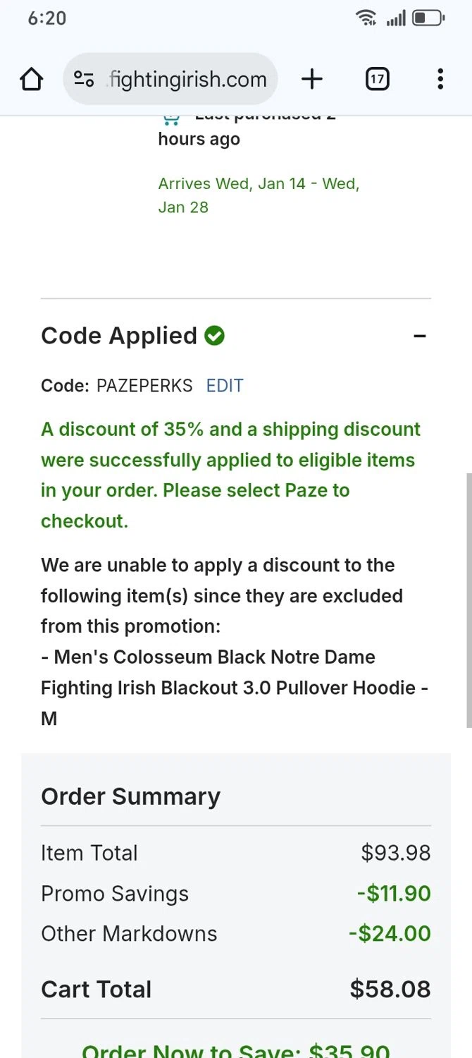 Notre Dame Online Store promo code screenshot showing code PAZEPERKS applied at Notre Dame Online Store checkout page. Uploaded by SimplyCodes community member franksanchez on Dec 26, 2025