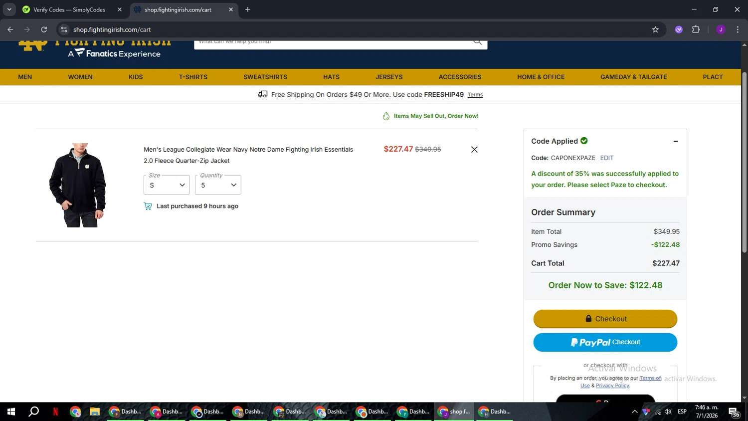 Notre Dame Online Store promo code screenshot showing code CAPONEXPAZE applied at Notre Dame Online Store checkout page. Uploaded by SimplyCodes community member ComeBurra123 on Jan 7, 2026