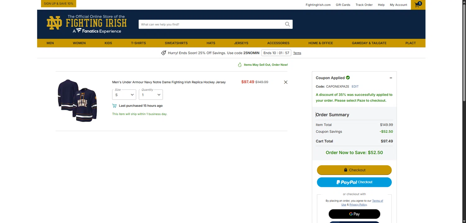 Notre Dame Online Store promo code screenshot showing code CAPONEXPAZE applied at Notre Dame Online Store checkout page. Uploaded by SimplyCodes community member ShieldMaverick9079 on Nov 2, 2025