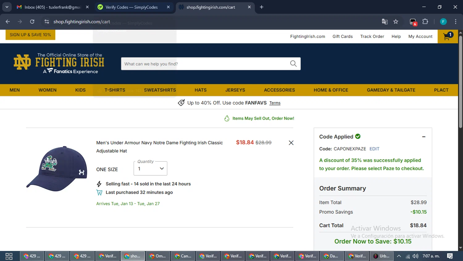 Notre Dame Online Store promo code screenshot showing code CAPONEXPAZE applied at Notre Dame Online Store checkout page. Uploaded by SimplyCodes community member ShrewdTitan3233 on Dec 27, 2025