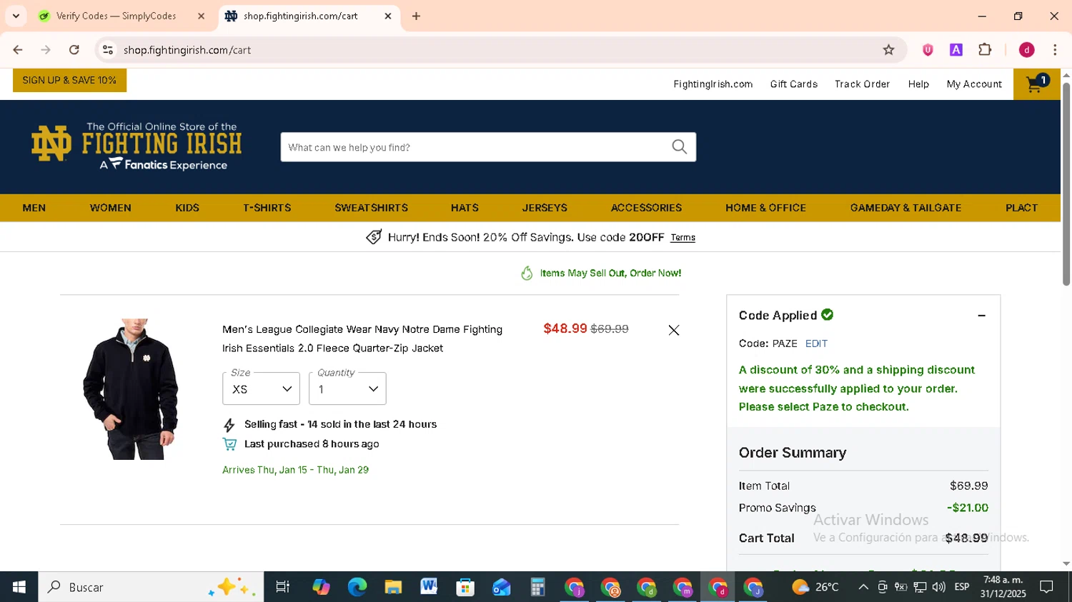 Notre Dame Online Store checkout page showing Notre Dame Online Store promo code box | Screenshot taken by SimplyCodes community member on Dec 31, 2025