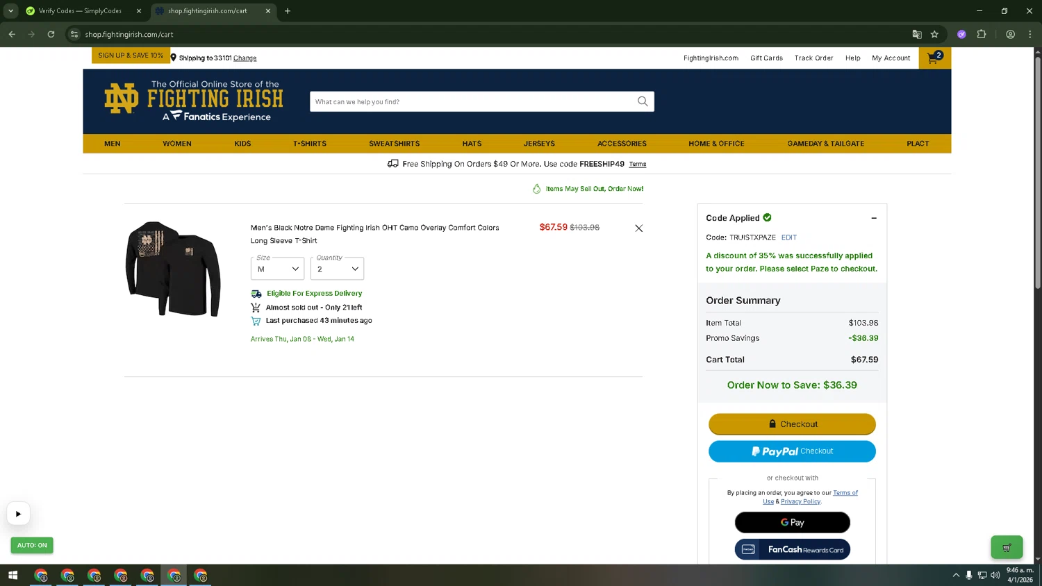 Notre Dame Online Store checkout page showing Notre Dame Online Store promo code box | Screenshot taken by SimplyCodes community member on Jan 4, 2026