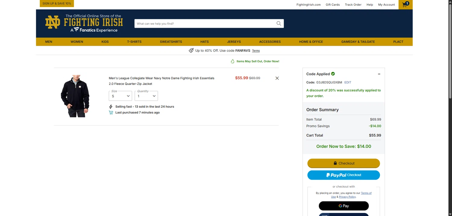 Notre Dame Online Store checkout page showing Notre Dame Online Store promo code box | Screenshot taken by SimplyCodes community member on Dec 30, 2025