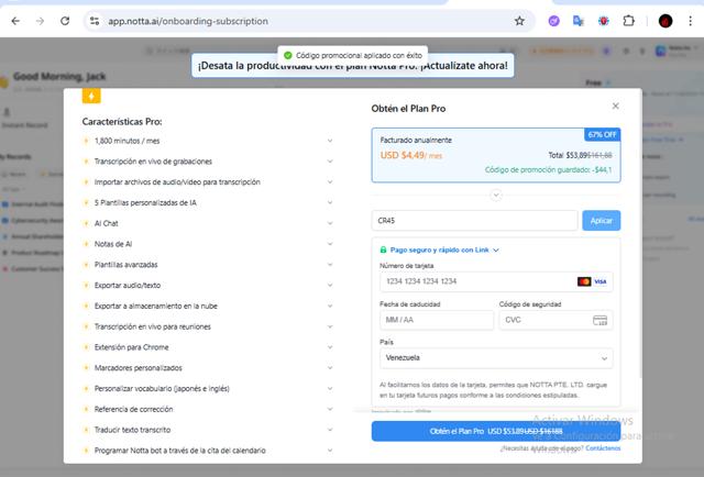 Notta US checkout page showing Notta US promo code box | Screenshot taken by SimplyCodes community member on Sep 3, 2025