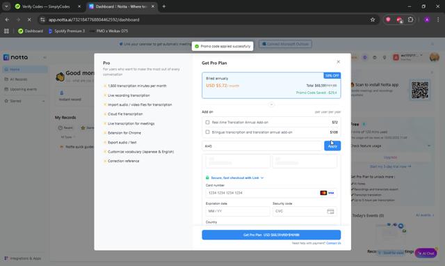 Notta US checkout page showing Notta US promo code box | Screenshot taken by SimplyCodes community member on Sep 3, 2025