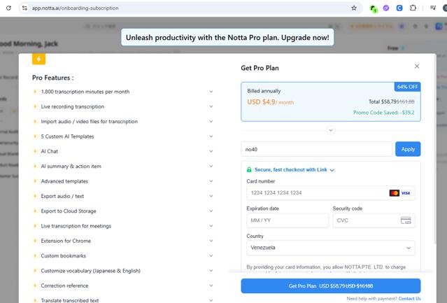 Notta US checkout page showing Notta US promo code box | Screenshot taken by SimplyCodes community member on Sep 3, 2025