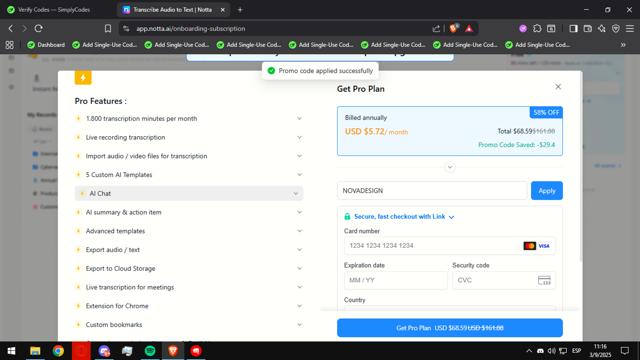 Notta US checkout page showing Notta US promo code box | Screenshot taken by SimplyCodes community member on Sep 3, 2025