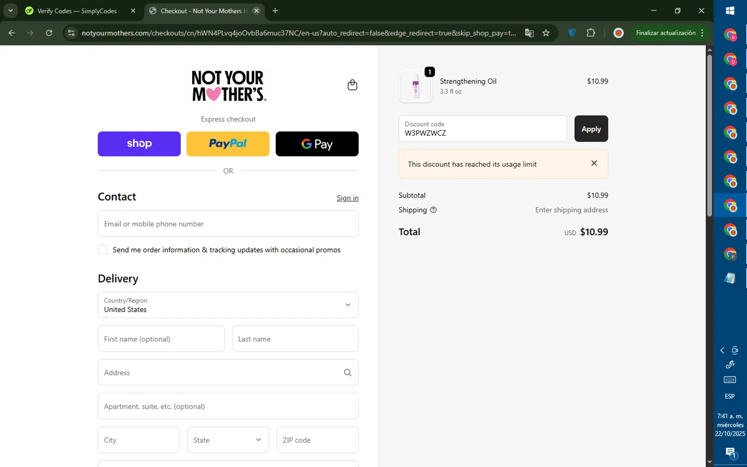 Not Your Mothers promo code screenshot showing code W3PWZWCZ applied at Not Your Mothers checkout page. Uploaded by SimplyCodes community member DealTiger9869 on Oct 22, 2025