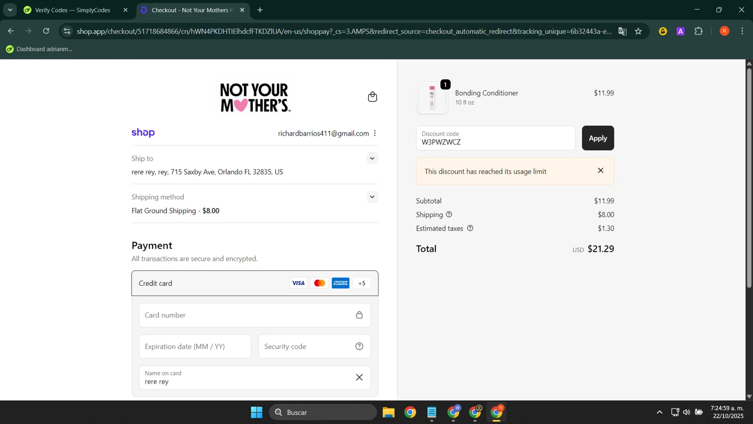 Not Your Mothers promo code screenshot showing code W3PWZWCZ applied at Not Your Mothers checkout page. Uploaded by SimplyCodes community member LuckyShopper9694 on Oct 22, 2025