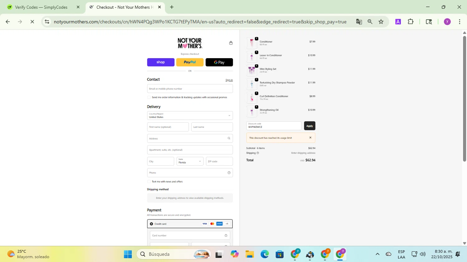 Not Your Mothers promo code screenshot showing code W3PWZWCZ applied at Not Your Mothers checkout page. Uploaded by SimplyCodes community member yadicg054 on Oct 22, 2025