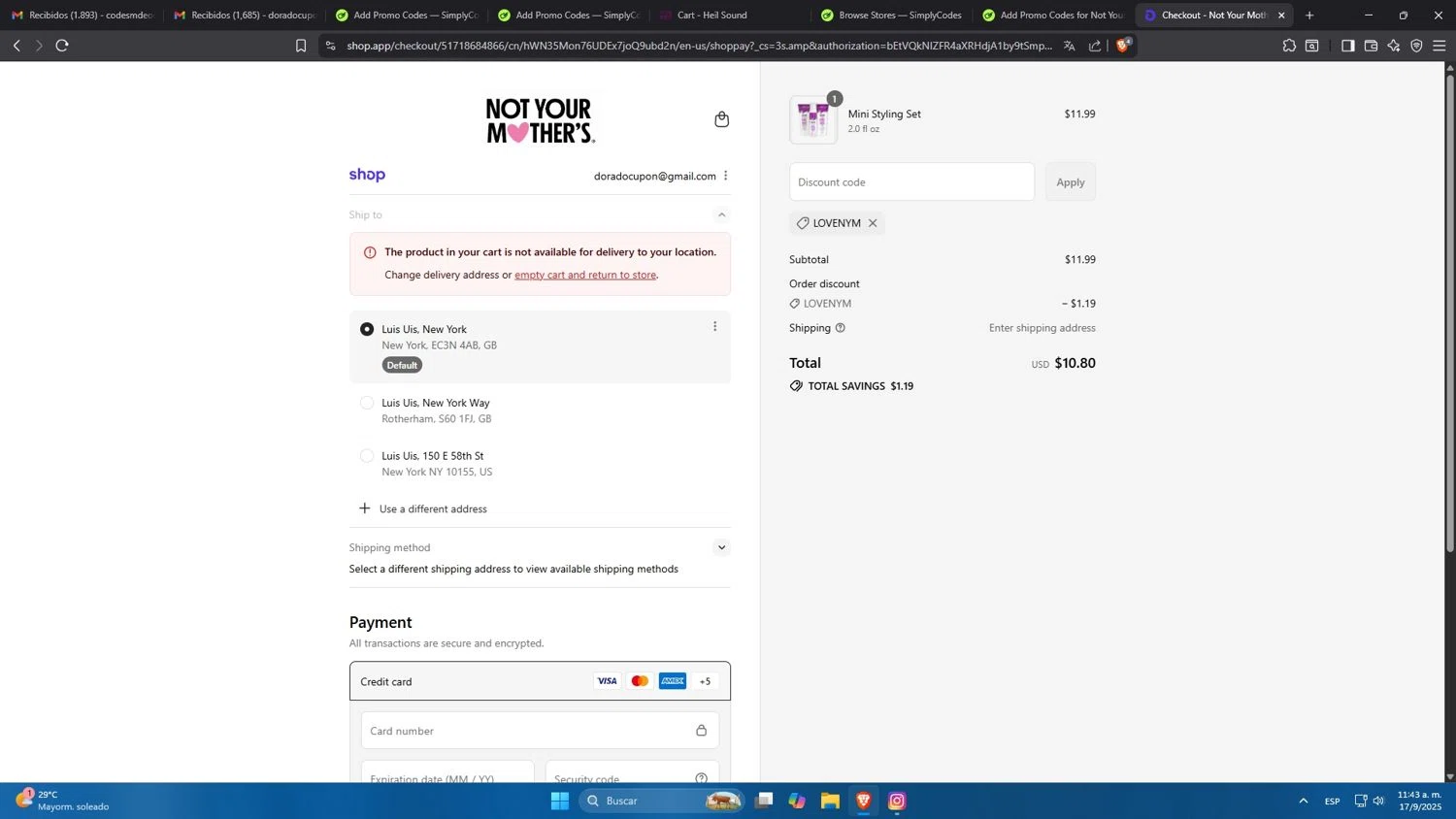 Not Your Mothers promo code screenshot showing code LOVENYM applied at Not Your Mothers checkout page. Uploaded by SimplyCodes community member Mdeoca on Sep 17, 2025