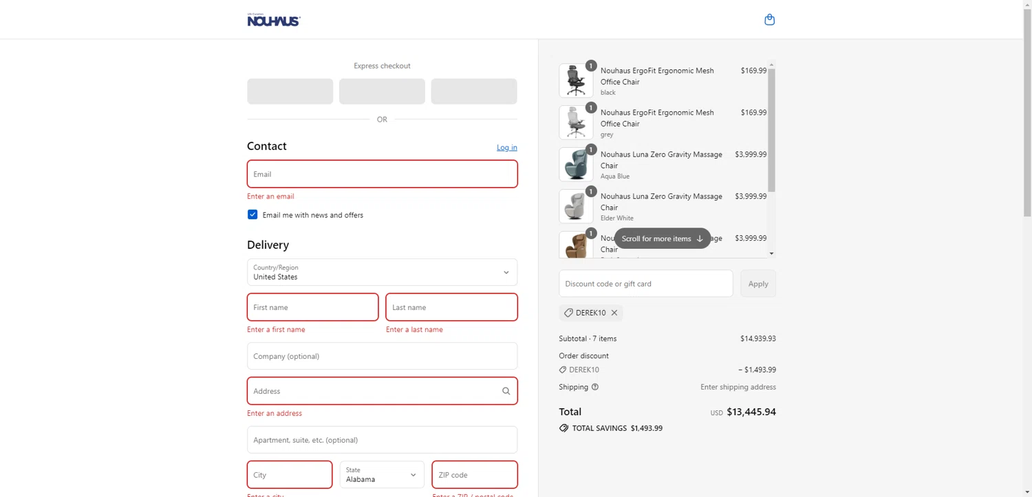 NOUHAUS promo code screenshot showing code DEREK10 applied at NOUHAUS checkout page. Uploaded by SimplyCodes community member CrownTiger6508 on Aug 28, 2025