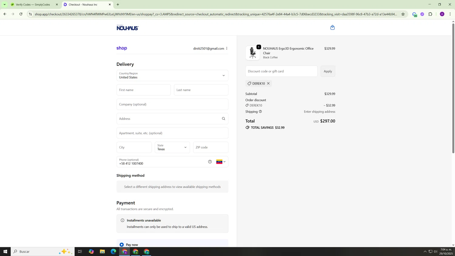 NOUHAUS promo code screenshot showing code DEREK10 applied at NOUHAUS checkout page. Uploaded by SimplyCodes community member Hasta_El_Final on Oct 29, 2025
