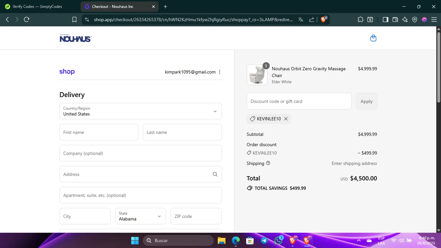NOUHAUS promo code screenshot showing code KEVINLEE10 applied at NOUHAUS checkout page. Uploaded by SimplyCodes community member Guacamole_Picante on Aug 28, 2025