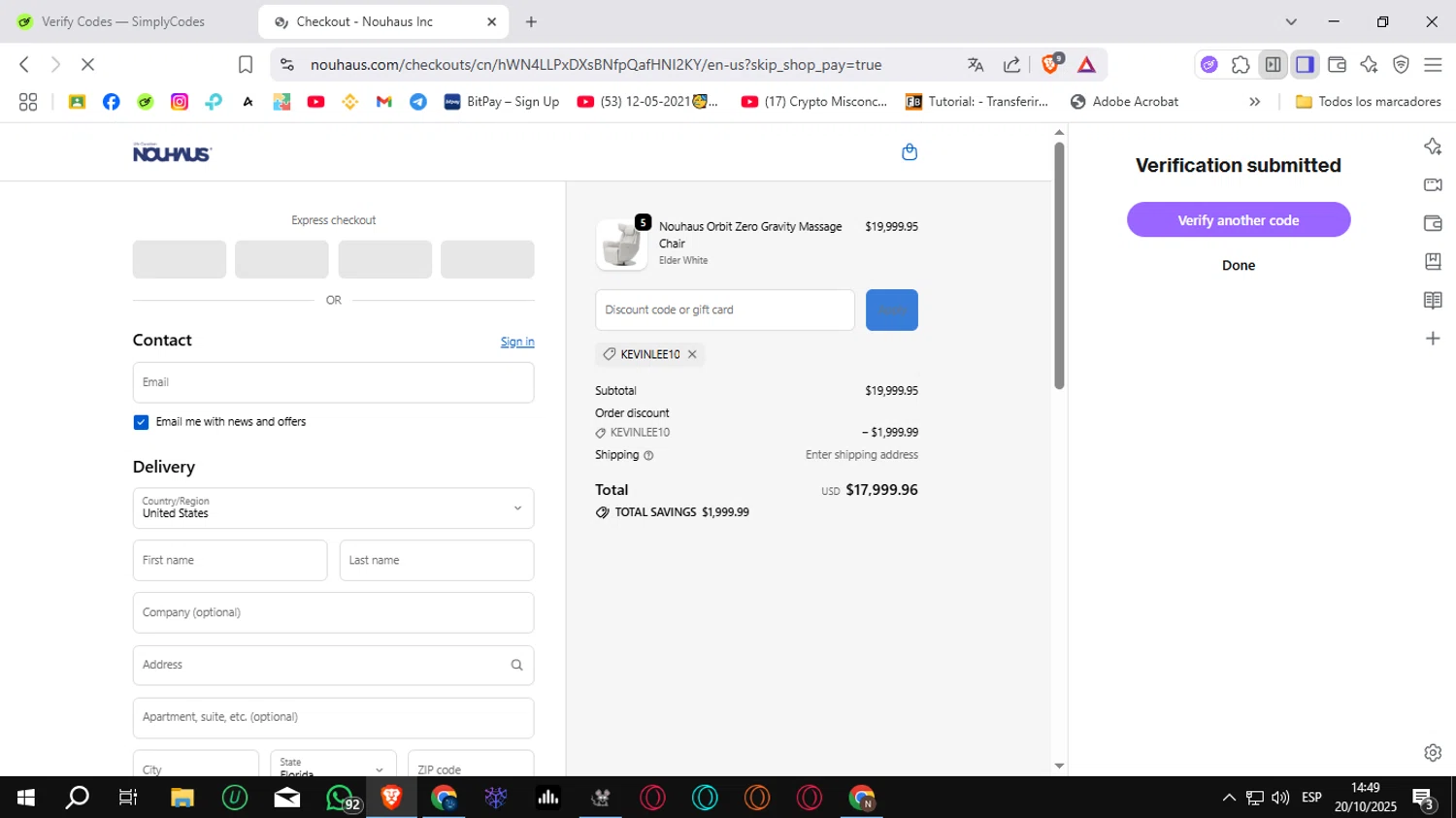 NOUHAUS promo code screenshot showing code KEVINLEE10 applied at NOUHAUS checkout page. Uploaded by SimplyCodes community member Sungjinwoo on Oct 20, 2025
