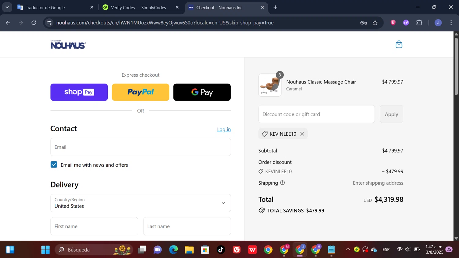 NOUHAUS promo code screenshot showing code KEVINLEE10 applied at NOUHAUS checkout page. Uploaded by SimplyCodes community member thesoldier on Aug 3, 2025